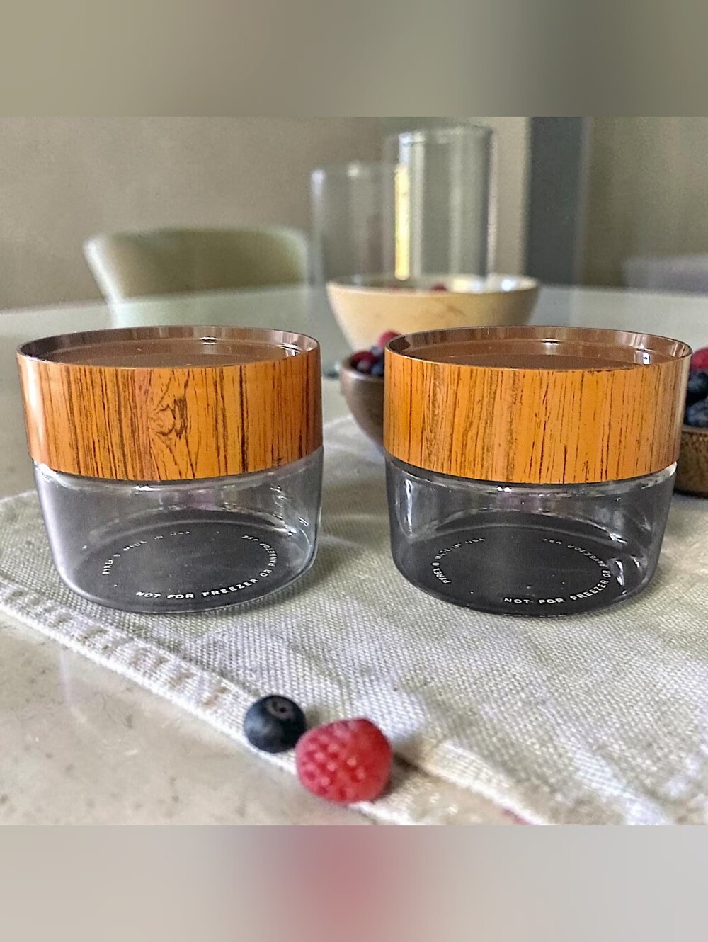2 Vintage Pyrex See N Store Glass Canisters USA Faux Woodgrain Plastic Lids MCM
